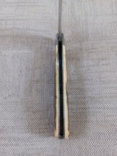 David R. Davis Mammoth ivory Damascus Swayback,closed 4.25" ..fluted...vine filework..MOP shield 