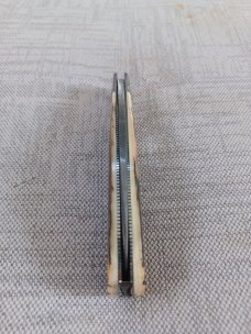 David R. Davis Mammoth ivory Damascus Swayback,closed 4.25" ..fluted...vine filework..MOP shield 