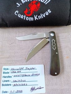 Jeffrey Mitchell Wharnie Trapper, Westinghouse Micarta, Cpm154,  4" closed,filework, coa and pouch 
