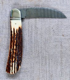 David R. Davis Red Stag Damascus Swayback,closed 4.25" ..fluted...vine filework..BS2022 Knife 