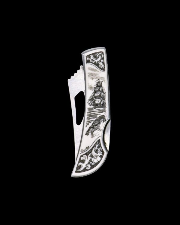 Eco-Ivory Etched Ship and Whale Stainless Steel Silver Hawk Knife