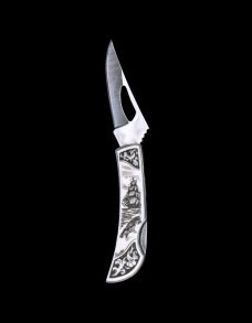 Eco-Ivory Etched Ship and Whale Stainless Steel Silver Hawk Knife
