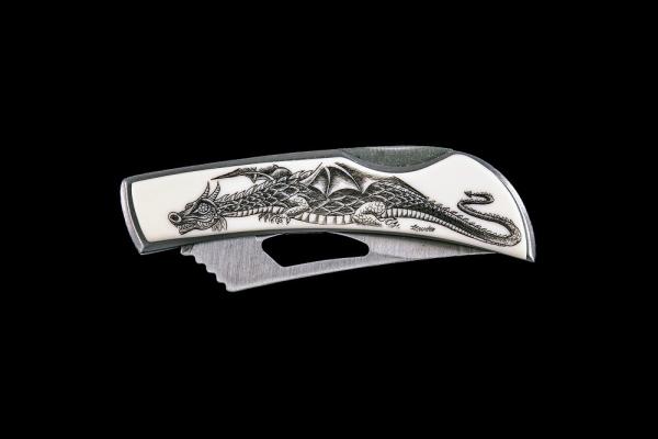 Eco-Ivory Etched Dragon Stainless Steel Silver Hawk Knife