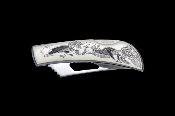 Eco-Ivory Etched Frolicking Mermaid Stainless Steel Silver Hawk Knife