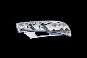 Eco-Ivory Scrimshaw Canadian Geese Stainless Steel Silver Hawk Knife