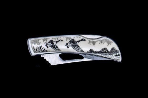 Eco-Ivory Scrimshaw Canadian Geese Stainless Steel Silver Hawk Knife