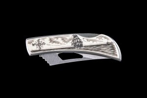 Eco-Ivory Scrimshaw Ship and Compass Design Stainless Steel Silver Hawk Pocket Knife