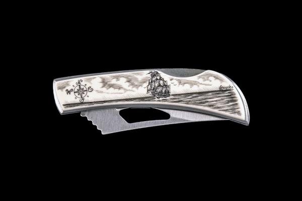 Eco-Ivory Scrimshaw Ship and Compass Design Stainless Steel Silver Hawk Pocket Knife 