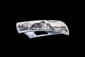 Eco-Ivory Etched Double Wolf Stainless Steel Silver Hawk Knife