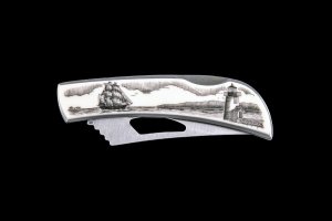 Eco-Ivory Scrimshaw Ship and Lighthouse Stainless Steel Silver Hawk Knife