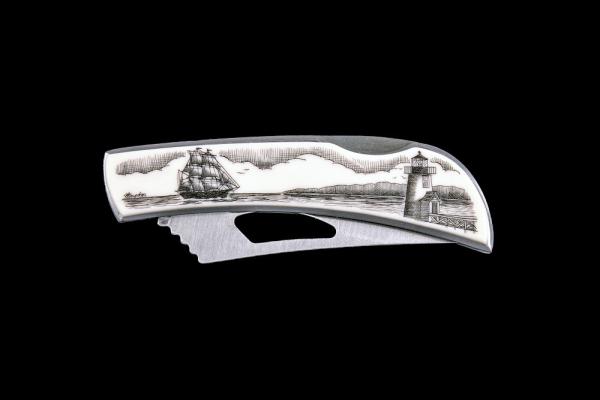 Eco-Ivory Scrimshaw Ship and Lighthouse Stainless Steel Silver Hawk Knife