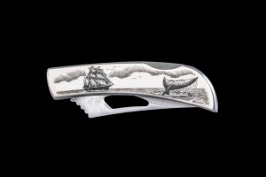 Eco-Ivory Scrimshaw Ship and Whale Stainless Steel Silver Hawk Knife