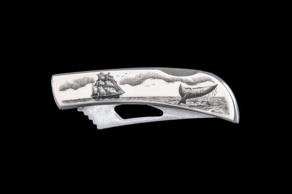 Eco-Ivory Scrimshaw Ship and Whale Stainless Steel Silver Hawk Knife