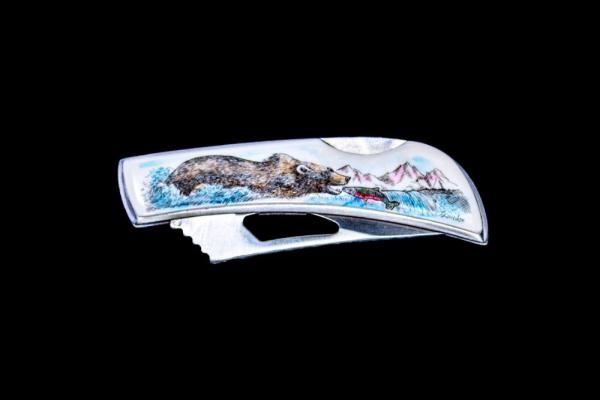 Scrimshaw Bear with Fish Color Design Stainless Steel Silver Hawk Pocket Knife 