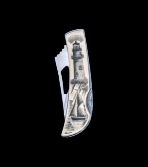 Scrimshaw Ship and Lighthouse Design Stainless Steel Silver Hawk Pocket Knife