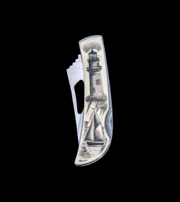 Scrimshaw Ship and Lighthouse Design Stainless Steel Silver Hawk Pocket Knife