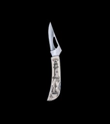 Scrimshaw Ship and Lighthouse Design Stainless Steel Silver Hawk Pocket Knife