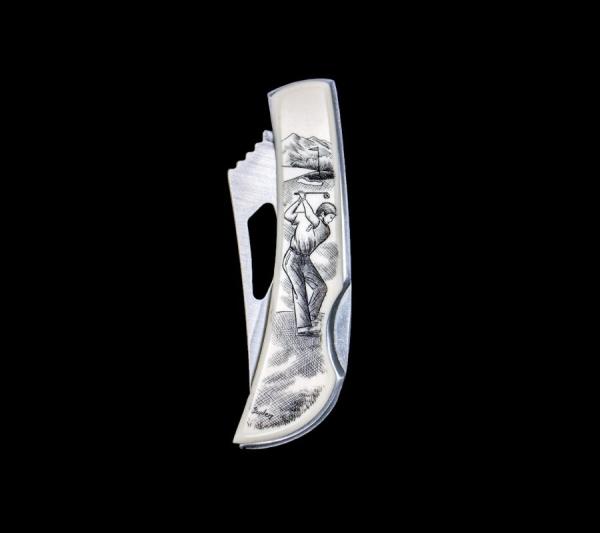 Scrimshaw Golfer Stainless Steel Silver Hawk Knife 