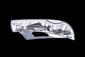 Eco-Ivory Etched Trout Stainless Steel Silver Hawk Knife