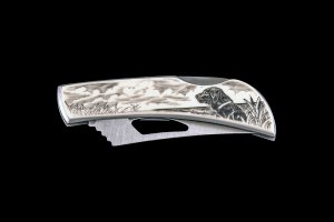 Eco Ivory Scrimshaw Black Lab Stainless Steel Silver Hawk Knife