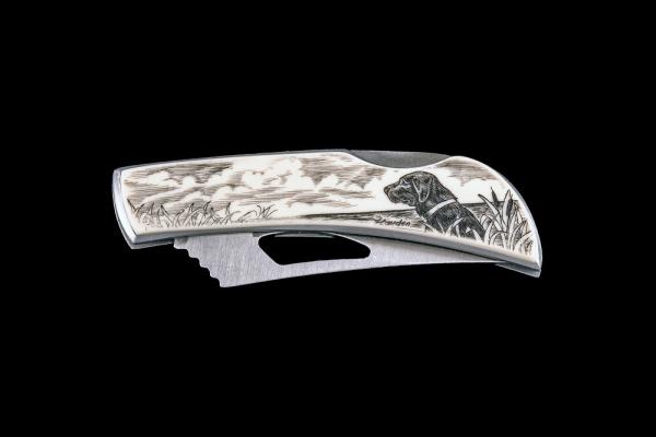 Eco Ivory Scrimshaw Black Lab Stainless Steel Silver Hawk Knife