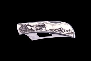 Etched Eagle Face Stainless Steel Silver Hawk Knife