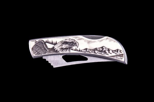Etched Eagle Face Stainless Steel Silver Hawk Knife