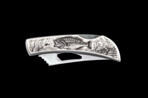 Etched Bass Stainless Steel Silver Hawk Knife
