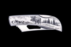 Eco-Ivory Etched Moose Stainless Steel Silver Hawk Knife