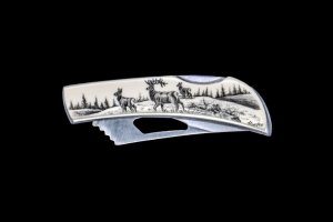 Etched Elk Stainless Steel Silver Hawk Knife