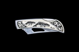 Etched Humpback Whales Stainless Steel Silver Hawk Knife