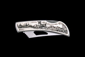 Etched Jumping Deer Stainless Steel Silver Hawk Knife