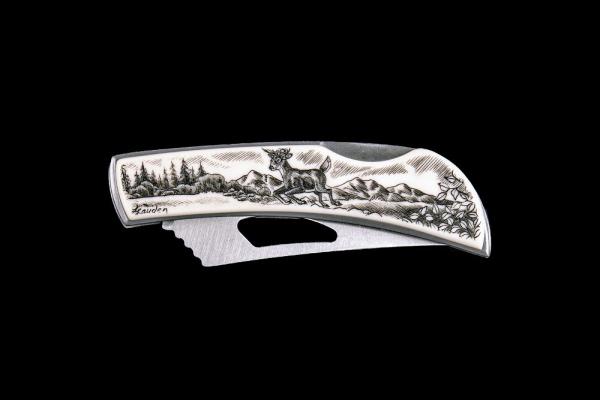Etched Jumping Deer Stainless Steel Silver Hawk Knife 