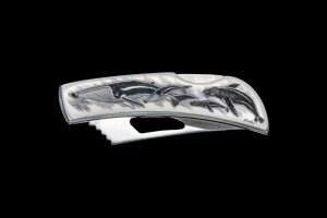 Scrimshaw Humpback Whale and Calf Stainless Steel Silver Hawk Knife