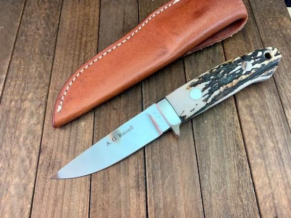 A.G. Russell Seki Japan Made Fixed Blade India Stag ATS-34 Blade Tapered Tang A.G. Russell Seki Japan Made Fixed Blade India Stag ATS-34 Blade Tapered Tang