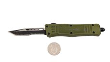 Mini Denali OTF Knife, 7.0 inches Open. Forest Green Handle. Combo edge Blade