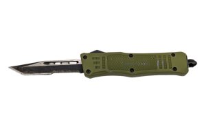 Mini Denali OTF Knife, 7.0 inches Open. Forest Green Handle. Combo edge Blade