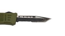 Mini Denali OTF Knife, 7.0 inches Open. Forest Green Handle. Combo edge Blade