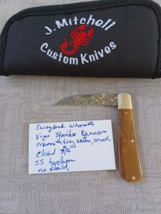 Jeffrey Mitchell Swayback Mammoth Ivory with Vegas Stainless Damascus..3 11/16" clsd..Smooth scales 