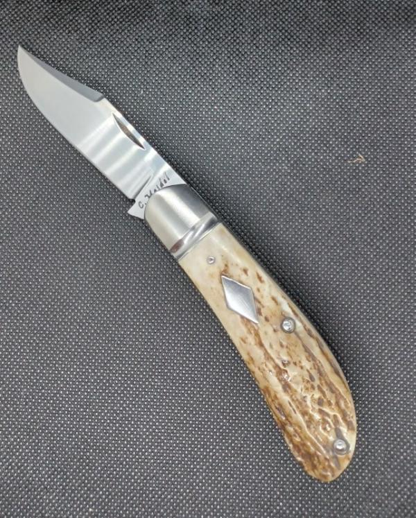 Cesar Maidel Stag Lanny Clip...14C28N...4" closed..Domed pins..stainless hardware..leather pouch 
