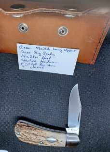 Cesar Maidel Stag Lanny Clip...14C28N...4" closed..Domed pins..stainless hardware..leather pouch 