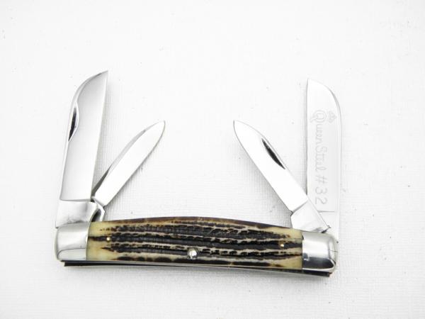 Queen Cutlery Large 4” Four Blade Congress #32, 1958 – 1960: tang stamp is “Q Steel”, etched blade