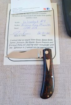 Jason Taber Wombat,3 5/8 closed, Cpm154, Russian Military Rag Micarta ,Coa and pouch, #4 made