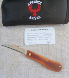 Jeff Pearce Butterscotch Westinghouse Swayback...Mokume San Mai..3 7/8" cld...coa and Maker's pouch