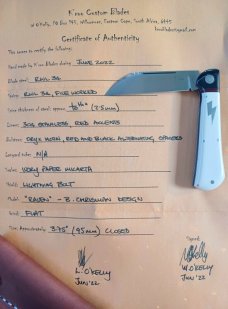 K'roo Raven..3.75".Antique Ivory Paper Micarta..Oryx Horn Bolsters.. rwl34. Filework spacers..liners