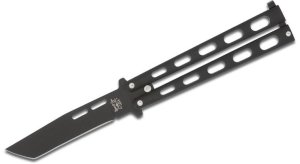 BEAR & SON 115TANB TANTO BUTTERFLY KNIFE, 1095 CARBON BLACK BLADE