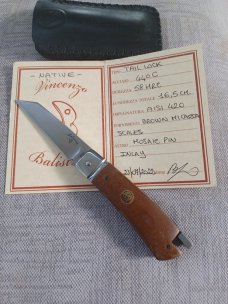Vincenzo Balistreri Native Taillock..Brown Linen micarta....Fluted bolsters..440C..3 5/8" closed 