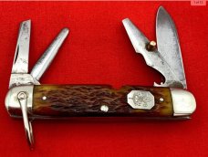 Vintage CATTARAUGUS Model No D2589 4-Blade Whitt-L-Kraft Official Boy Scout Pocket Knife Bone Stag