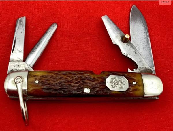 Vintage CATTARAUGUS Model No. D2589 4-Blade Whitt-L-Kraft Official Boy Scout Pocket Knife Bone Stag Vintage CATTARAUGUS Model No. D2589 4-Blade Whitt-L-Kraft Official Boy Scout Pocket Knife Bone Stag