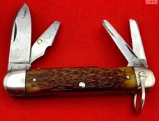 Vintage CATTARAUGUS Model No. D2589 4-Blade Whitt-L-Kraft Official Boy Scout Pocket Knife Bone Stag
